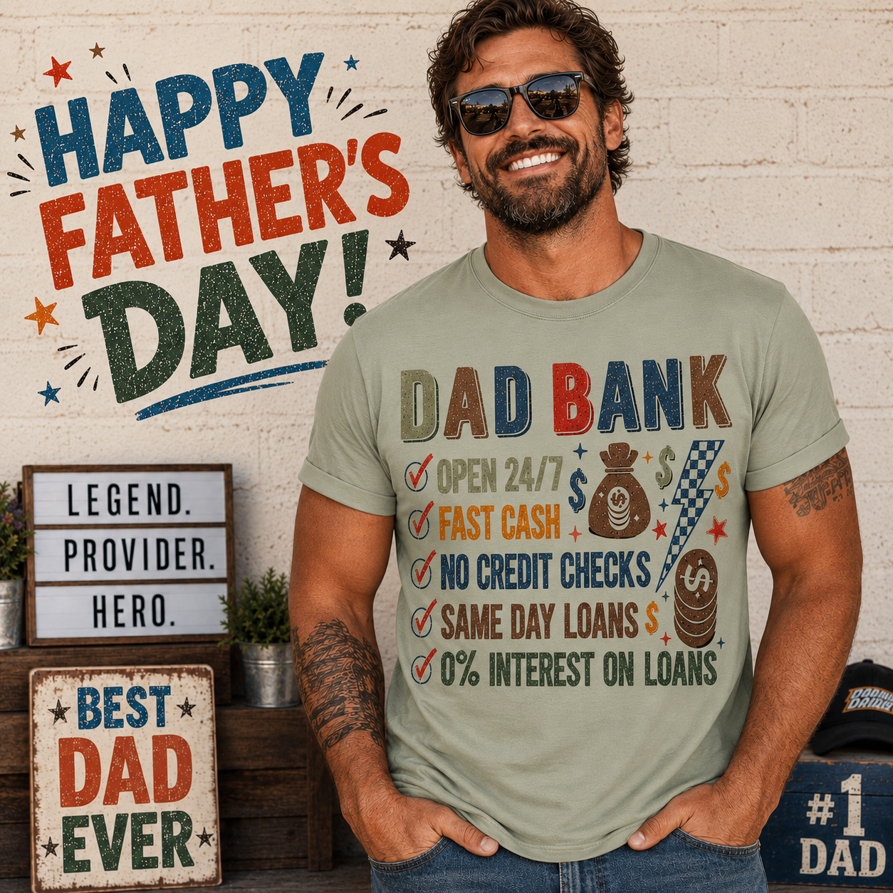 Man wearing a t-shirt with a humorous Father's Day message, standing in front of a decorated wall.