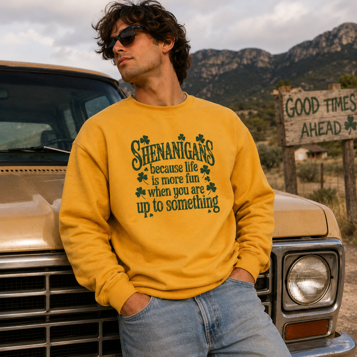 Men's Bright Gold Shenanigans shamrock crewneck sweatshirt - The Scoobie Shack