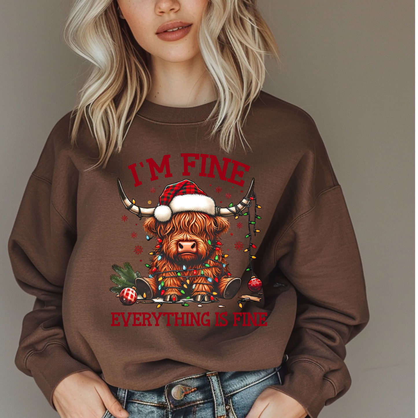 FUNNY EVERYTHING IS FINE CHRISTMAS HIGHLAND COW SWEATSHIRT