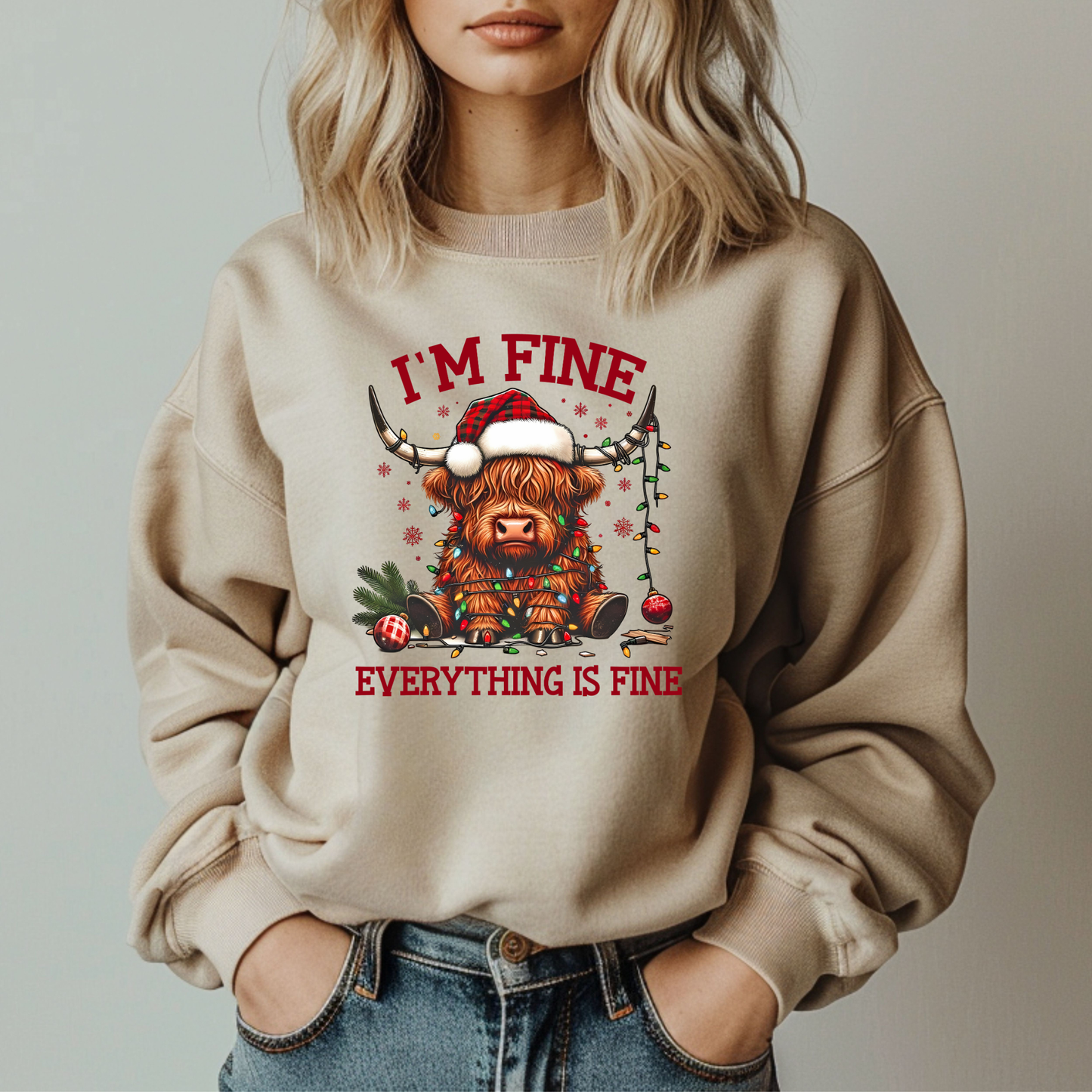 FUNNY EVERYTHING IS FINE CHRISTMAS HIGHLAND COW SWEATSHIRT