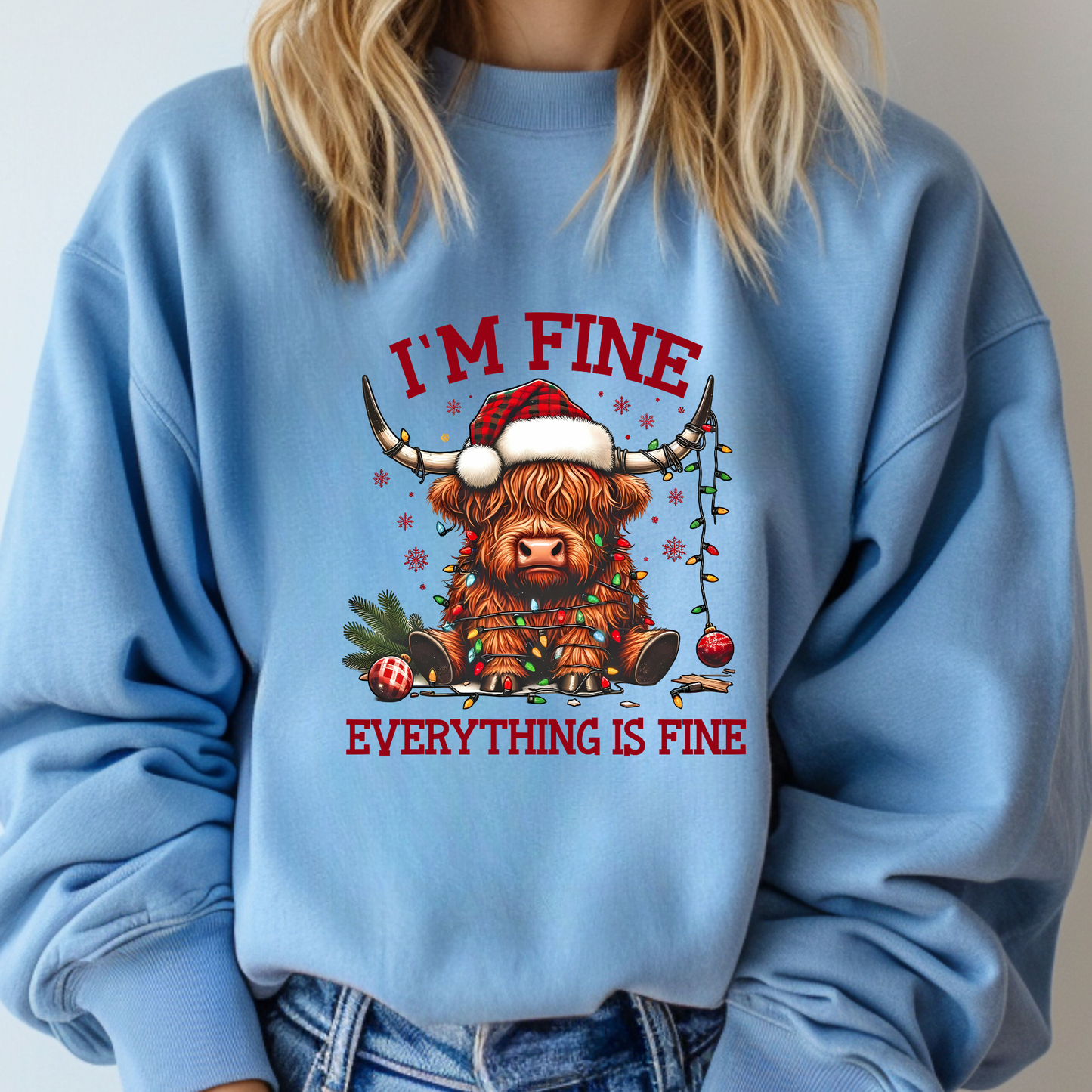 FUNNY EVERYTHING IS FINE CHRISTMAS HIGHLAND COW SWEATSHIRT