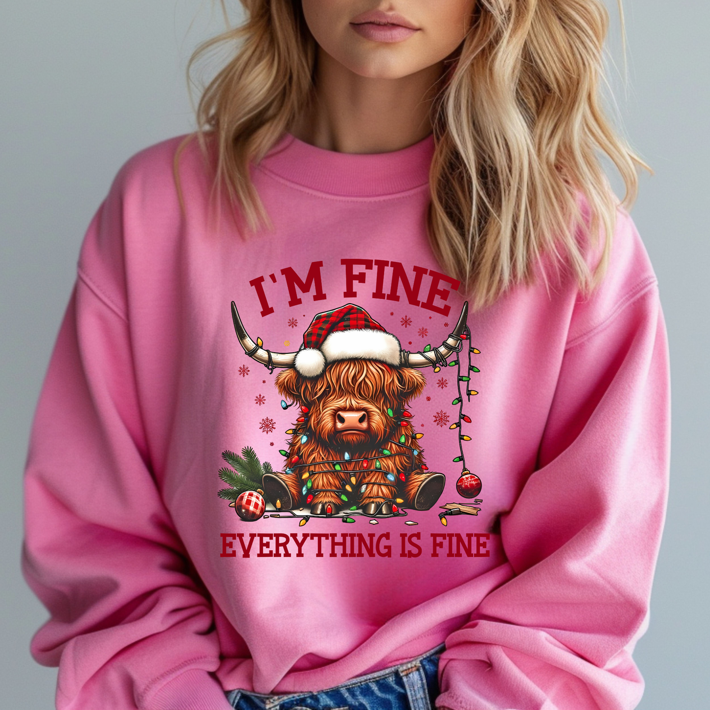 FUNNY EVERYTHING IS FINE CHRISTMAS HIGHLAND COW SWEATSHIRT