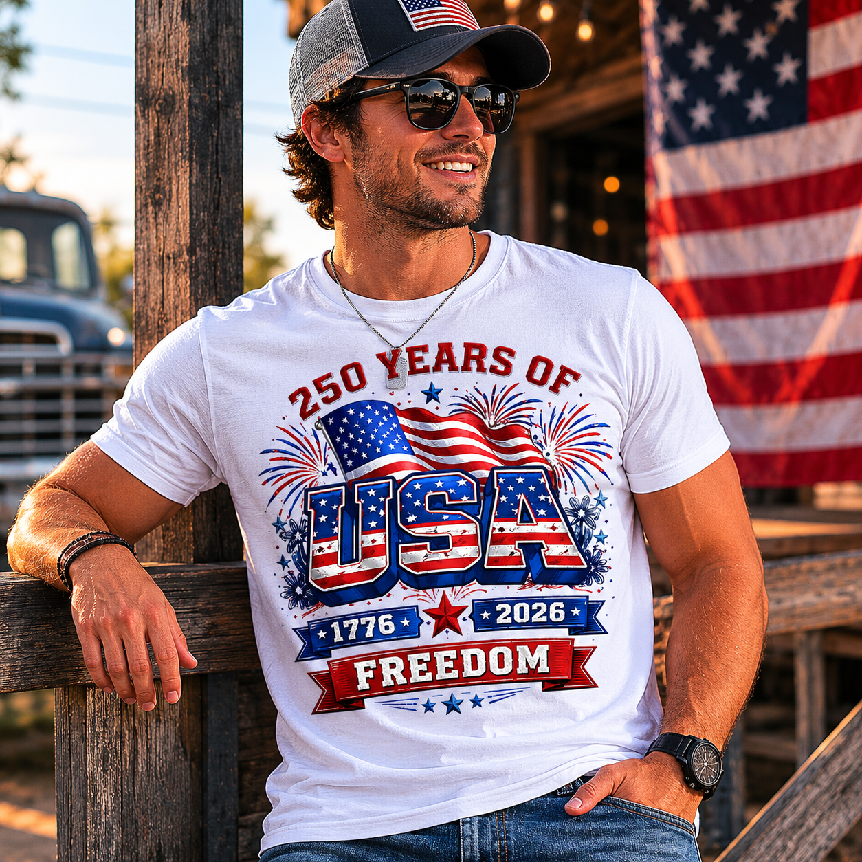 Man wearing a white t-shirt with USA 250th Anniversary design, standing outdoors with an American flag in the background.