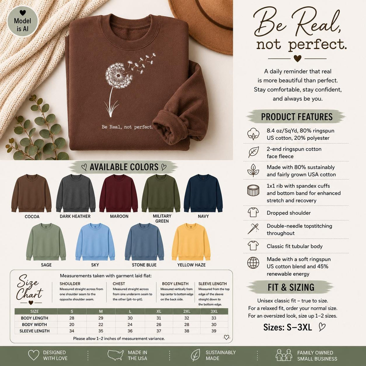 Be Real Not Perfect Shirt |Positive Quote Apparel| Dandelion Sweatshirt| Mental Health Gift