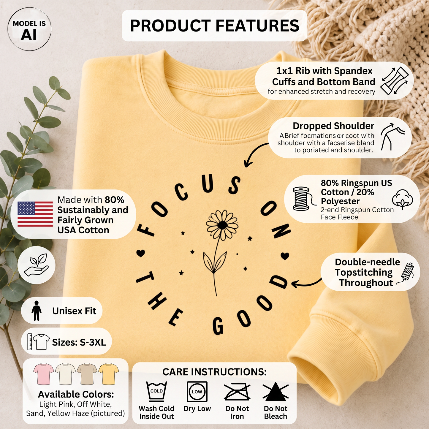 A pale yellow crewneck sweatshirt laid flat on a beige fabric background, surrounded by product feature callouts, care instructions, and available colors. The sweatshirt has a large black graphic reading 'FOCUS ON THE GOOD' with a flower and heart design.