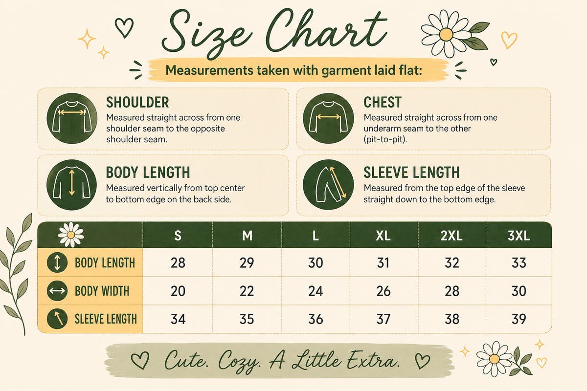A size chart graphic for apparel with labeled measurement instructions for shoulder, chest, body length, and sleeve length, plus a size table from S to 3XL on a cream background with floral doodles.