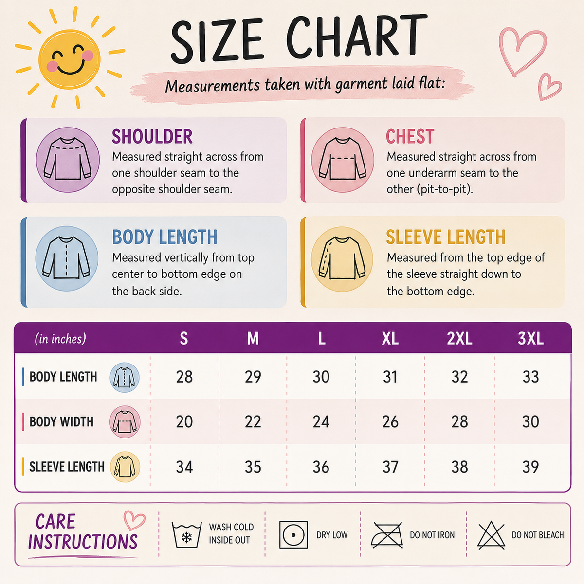 A size chart and care instructions infographic for a children's garment, showing measurements for shoulder, chest, body length, and sleeve length across sizes S through 3XL, with care symbols at the bottom.