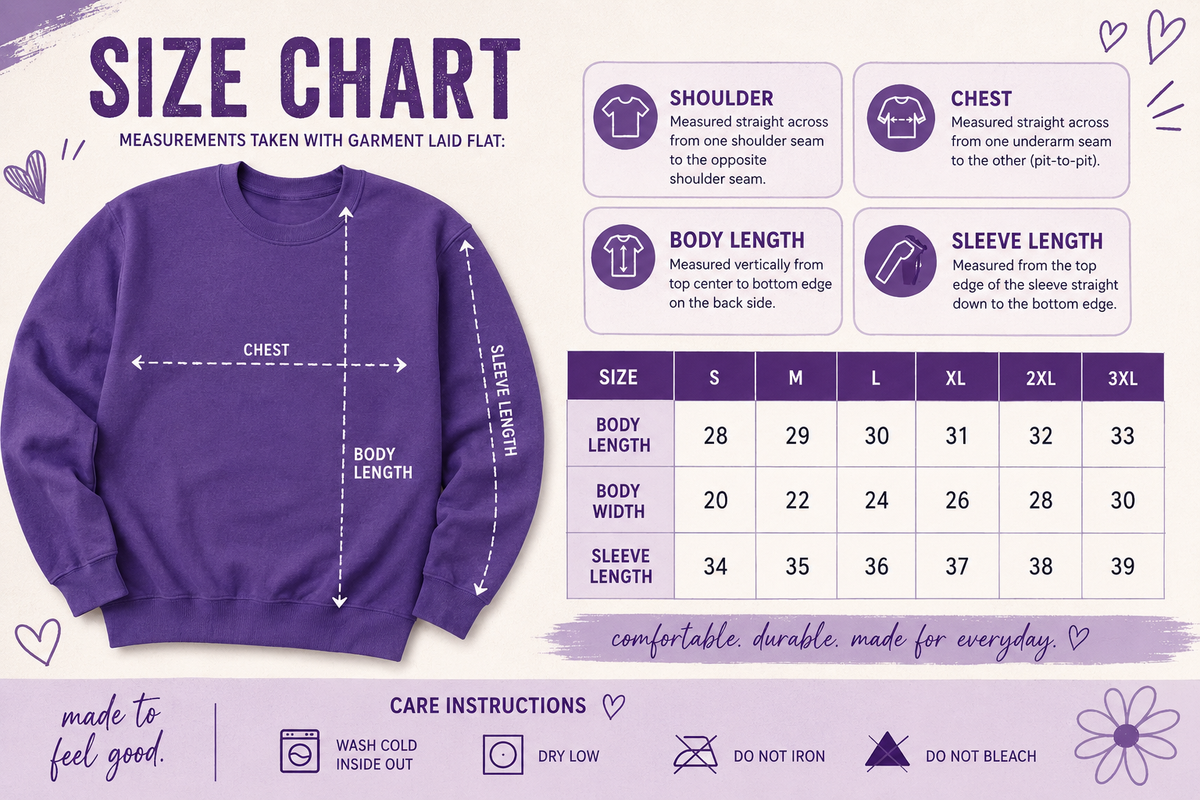 A purple size chart graphic for a long-sleeve sweatshirt, showing garment laid-flat measurements with arrows labeled chest, body length, and sleeve length, plus a size table from S to 3XL and care instructions at the bottom.