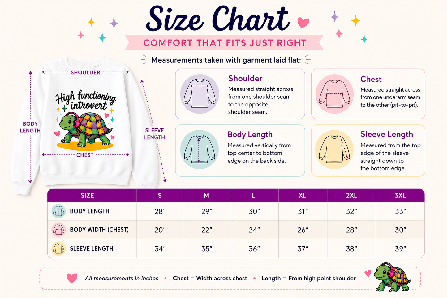 A size chart graphic for a children's long-sleeve t-shirt, showing a labeled front view with measurements for shoulder, chest, sleeve length, and body length, plus a measurement legend and a size table from S to 3XL.