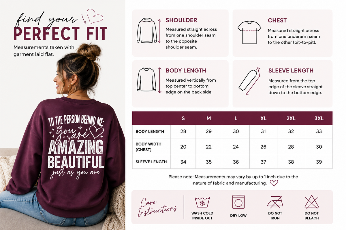 A size guide and fit chart for a women's long-sleeve graphic sweatshirt, featuring a model wearing the sweatshirt on the left and a measurement table on the right with instructions on how to measure body length, body width, and sleeve length.