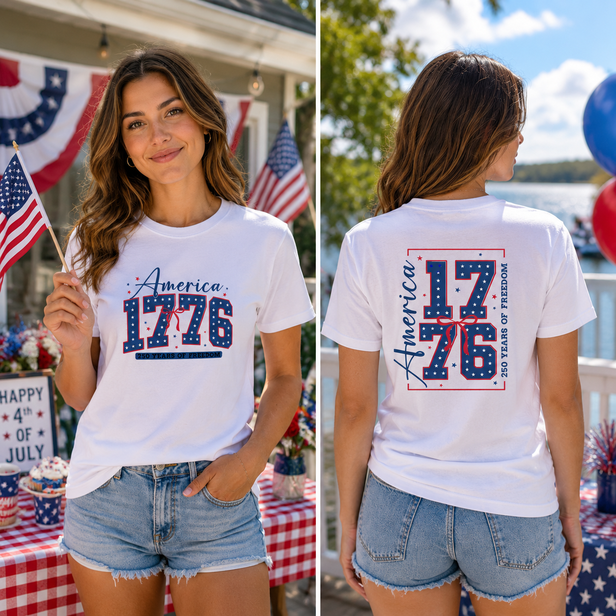 Woman wearing a 'America 1776' t-shirt with a 4th of July theme, holding an American flag.