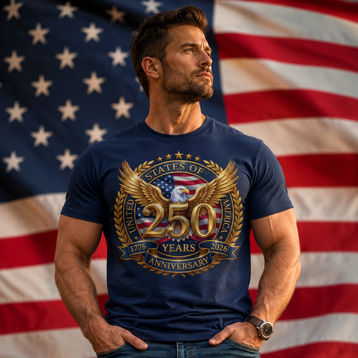 Man wearing a blue t-shirt with an eagle design and text in front of an American flag