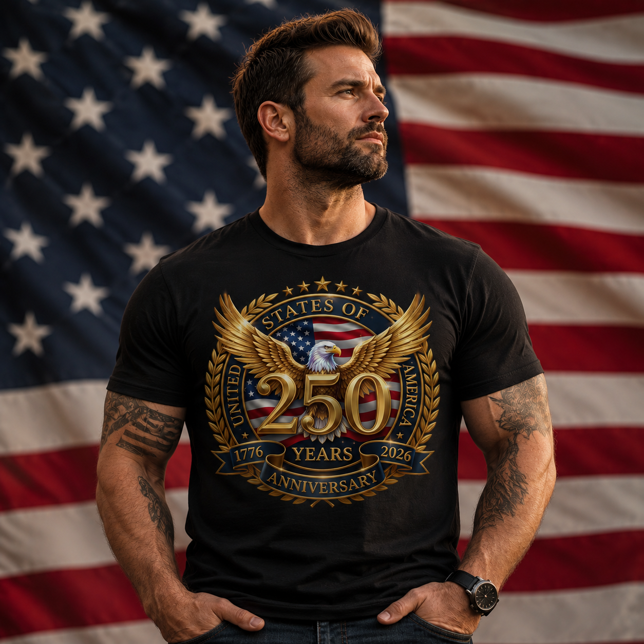 Man wearing a black t-shirt with a 250th anniversary design in front of an American flag.
