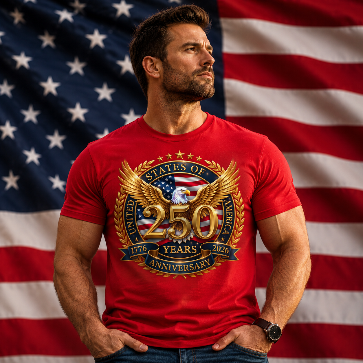 Man wearing a red t-shirt with a 250th anniversary design in front of an American flag