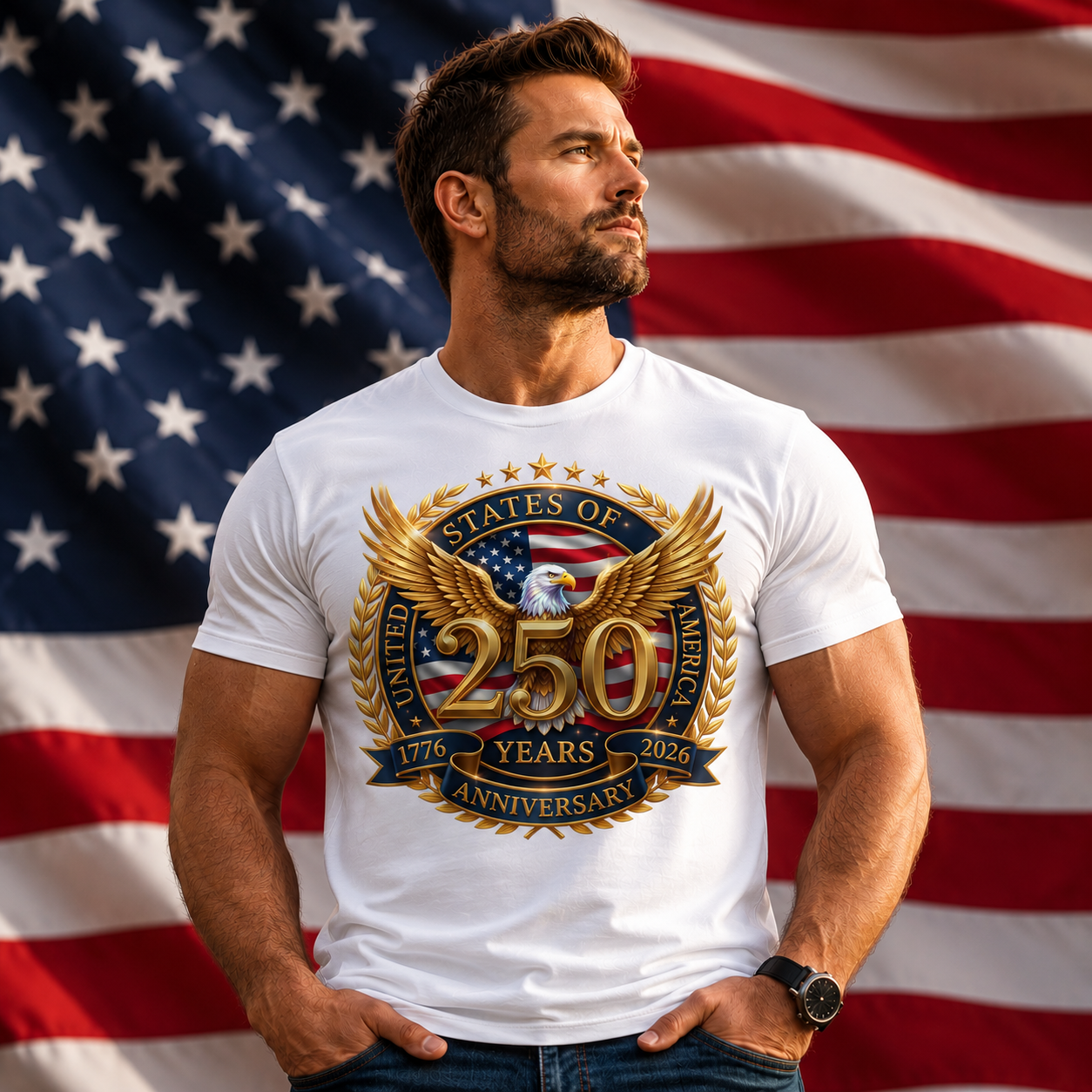 Man wearing a white t-shirt with a gold and blue emblem in front of an American flag