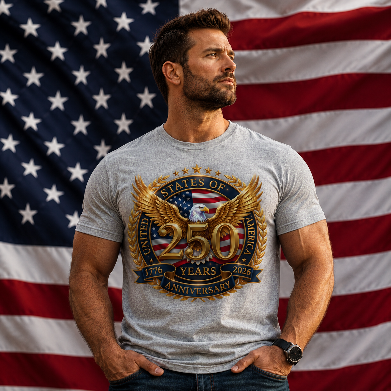 Man wearing a gray t-shirt with a 250th anniversary design in front of an American flag.