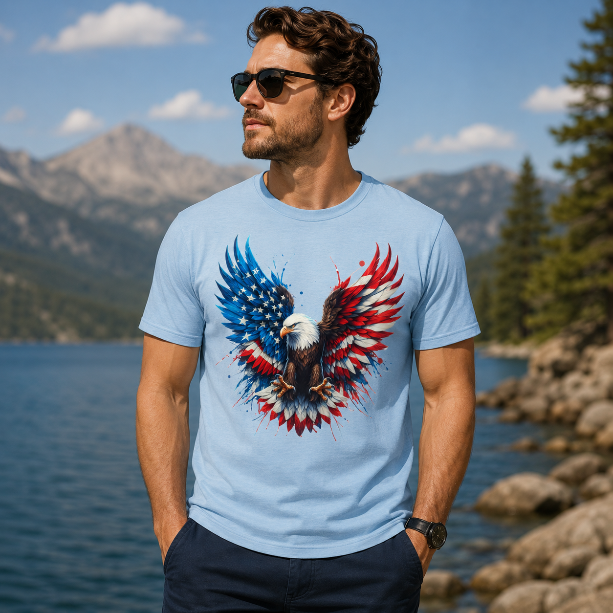 Men's Patriotic American Eagle T-Shirt – Red, White & Blue 4th of July Graphic Tee