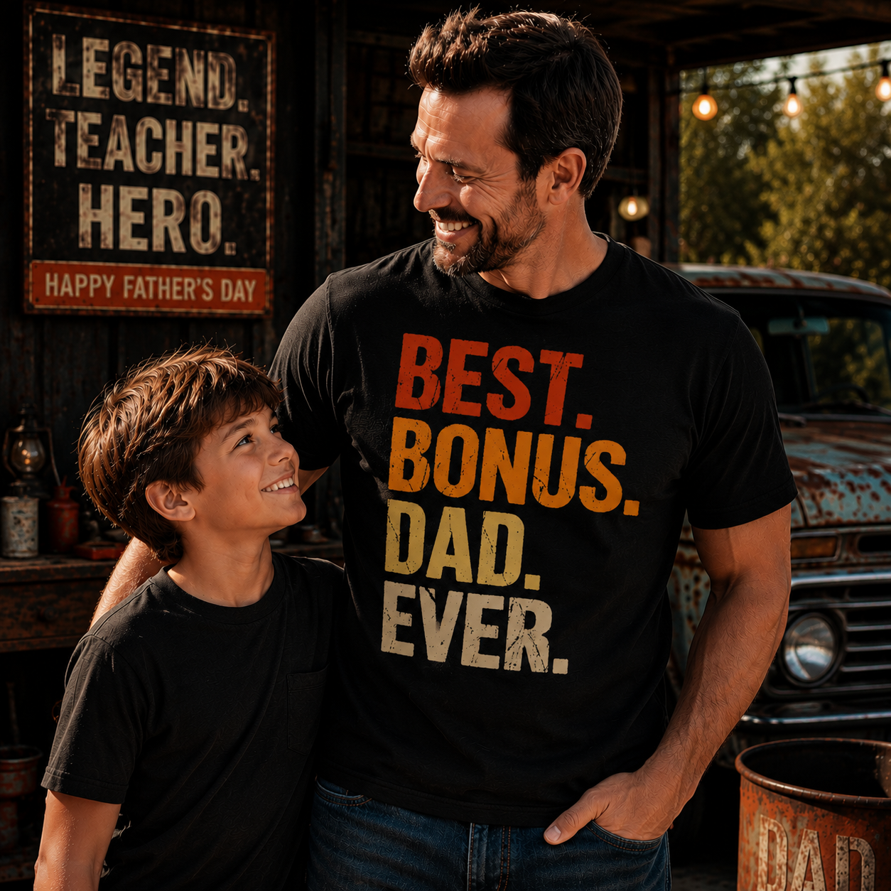 Man and child wearing matching black t-shirts with a Father's Day message, standing in front of a rustic background.