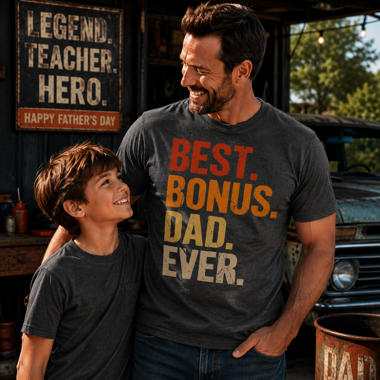 Man and child wearing matching 'Best. Bonus. Dad. Ever.' t-shirts with a rustic background.