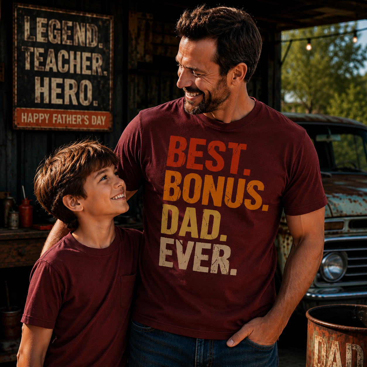 Man and child wearing matching 'Best Bonus Dad Ever' shirts in a rustic setting. The Scoobie Shack.