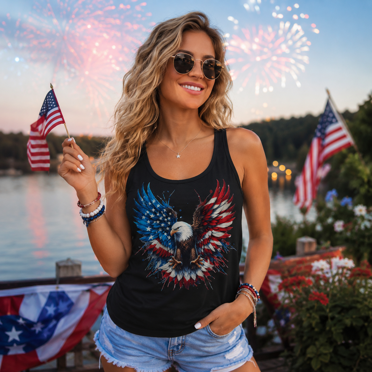 Women's Patriotic USA Graphic Racerback Tank – Red, White & Blue 4th of July Tank Top