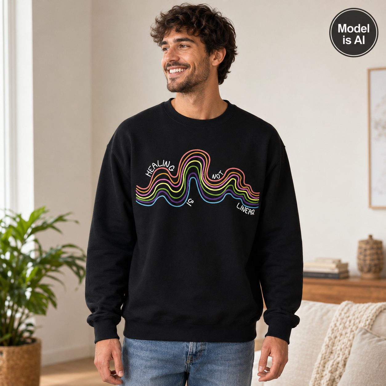 A man wearing a black crewneck sweatshirt with a colorful wavy graphic and the words 'HEALING IS DIVERGENT' printed on the front, standing in a bright living room. A 'Model is AI' badge is visible in the top right corner.