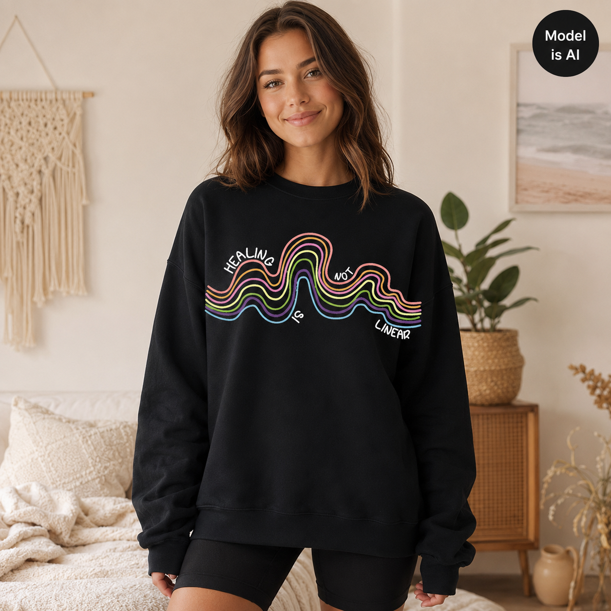 A woman wearing a black crewneck sweatshirt with a colorful retro wavy graphic and the words 'HERLING' and 'LOVER' across the chest, standing in a cozy bedroom setting.