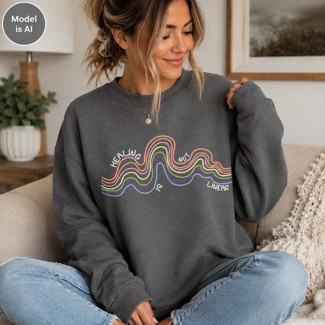 A woman sitting on a beige couch wearing a dark gray crewneck sweatshirt with a colorful wavy line graphic and the words 'HEALING LA' and 'LA NEGRA'.