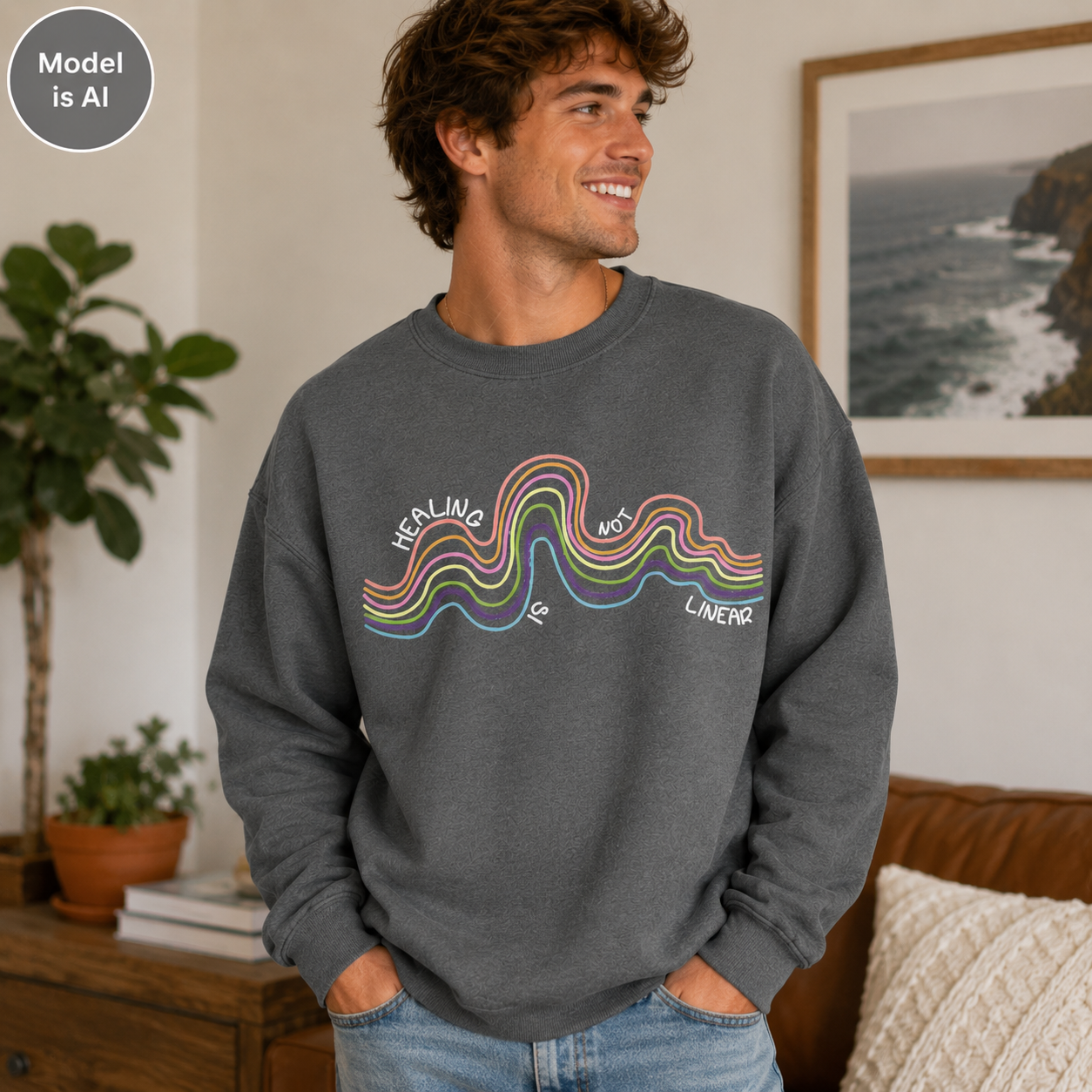 A man wearing a dark gray crewneck sweatshirt with a colorful rainbow wave graphic and the words 'HEALING LINEA' on the front, standing in a cozy room setting.
