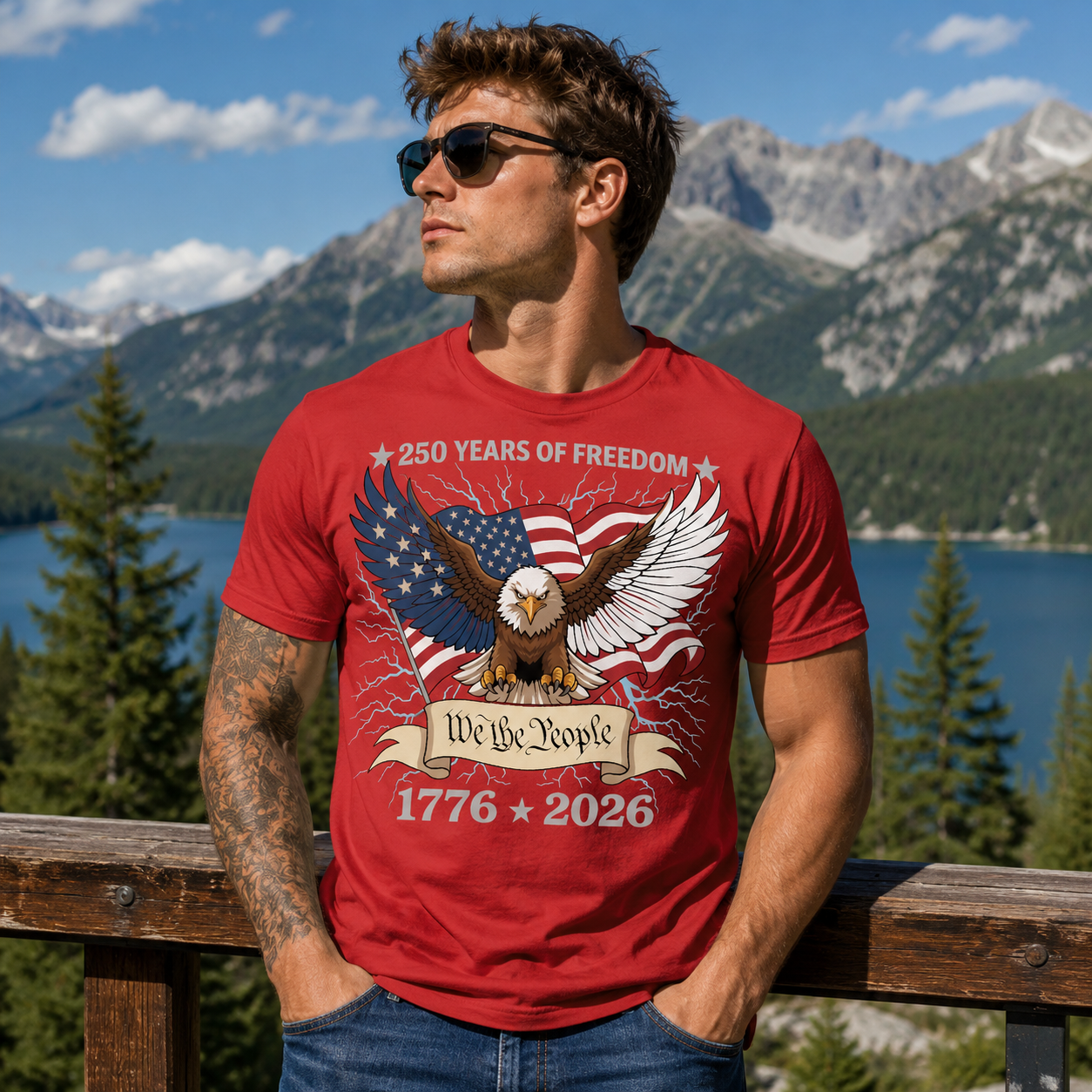 Man wearing a red t-shirt with an eagle and American flag design, standing in front of mountains and a lake. The Scoobie Shac.