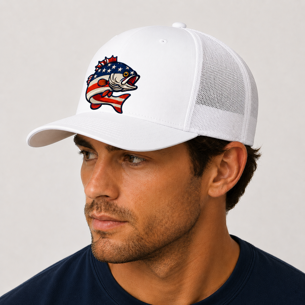 USA Bass Fishing Trucker Hat in White - Patriotic Cap - The Scoobie Shack