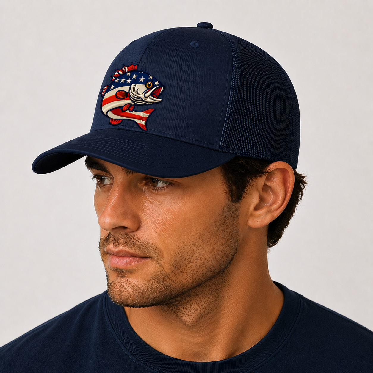 USA Bass Fishing Trucker Hat in Navy - Patriotic Cap - The Scoobie Shack
