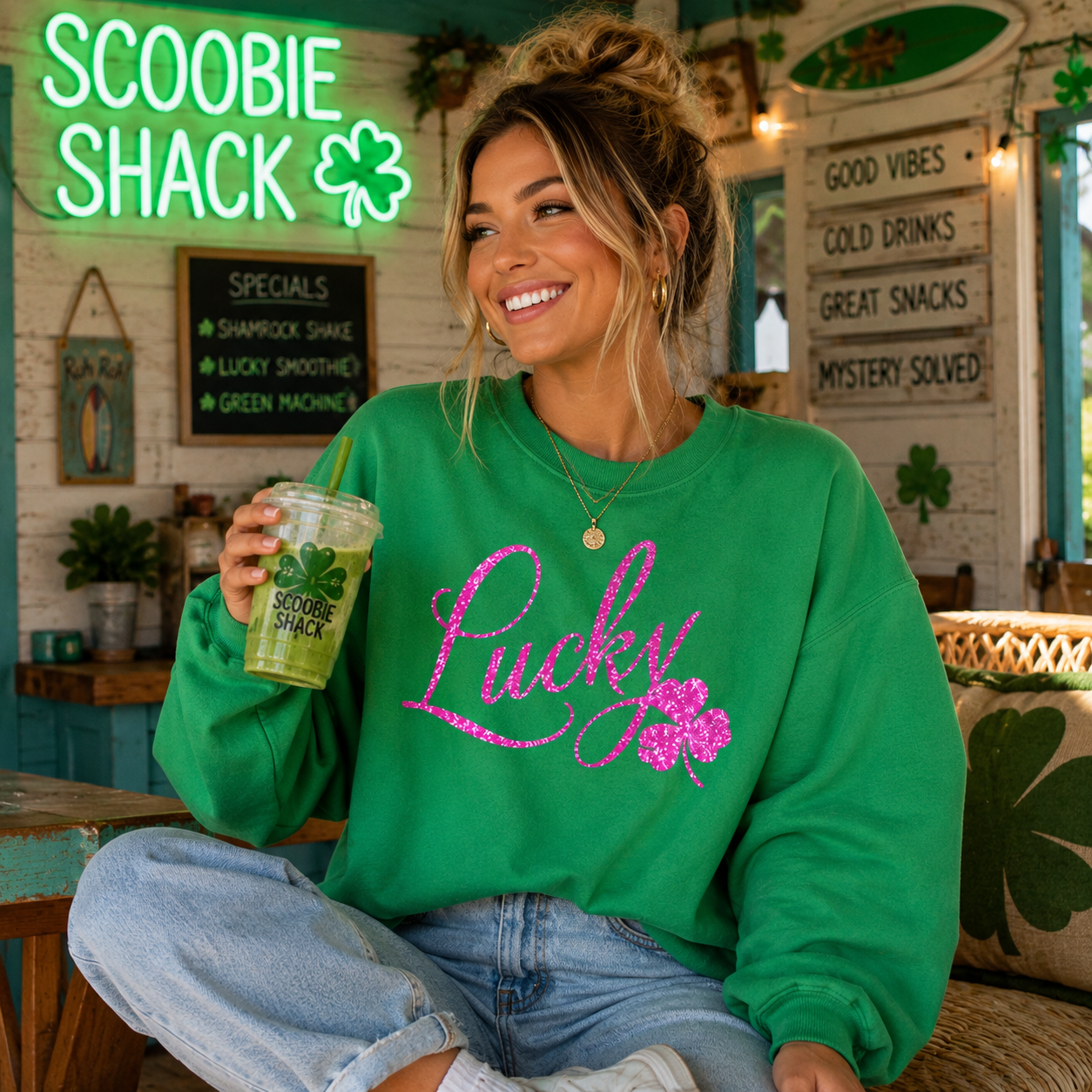 Lucky Sweatshirt - St. Patrick's Day Green Crewneck with Pink Shamrock