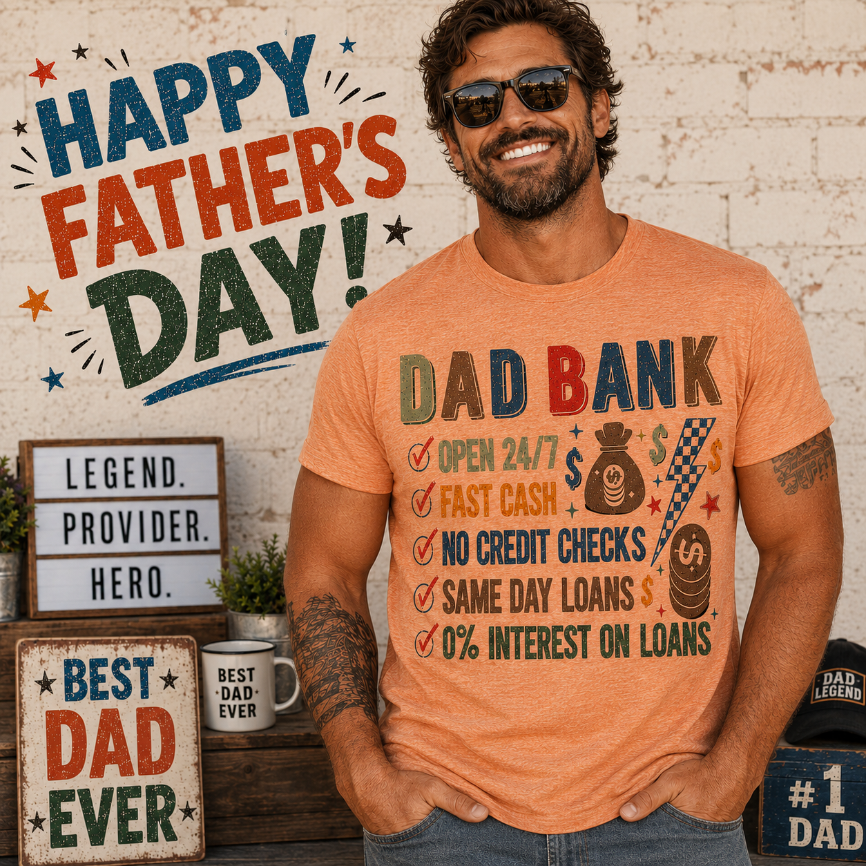 Man wearing a 'Dad Bank' themed Father's Day t-shirt with decorative text and symbols. The Scoobie Shack.