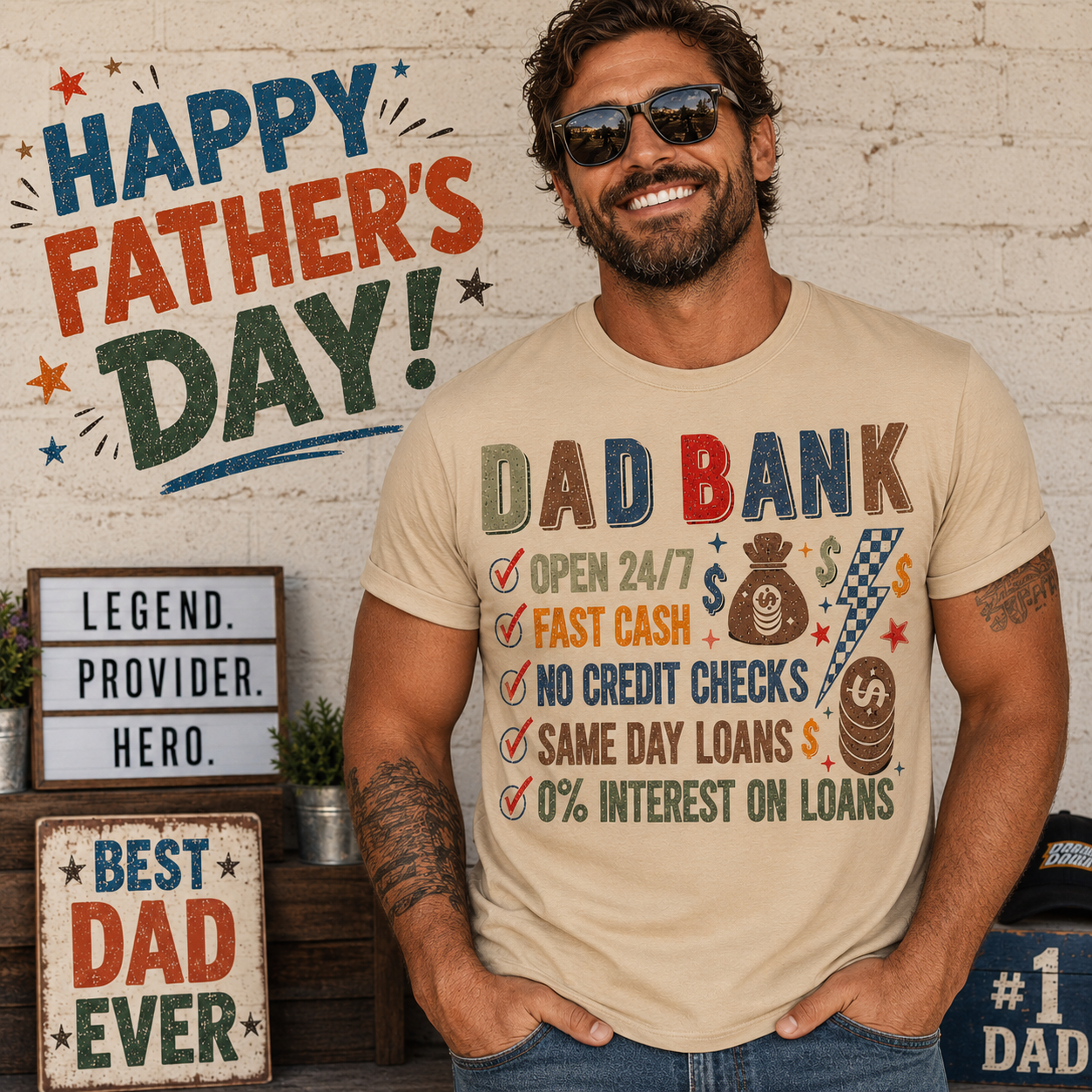 Man wearing a 'Dad Bank' themed Father's Day t-shirt with decorative signs in the background.