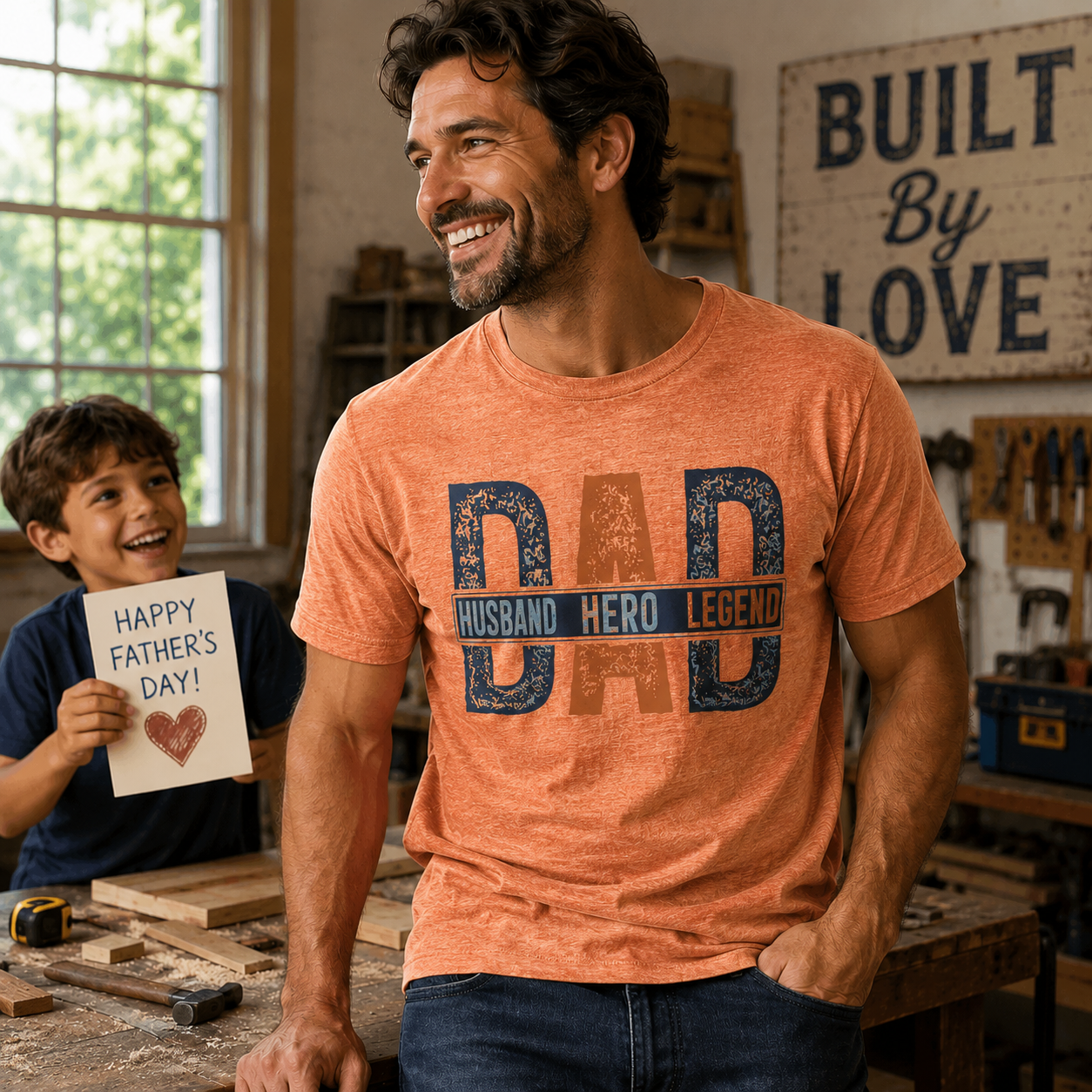 Man wearing a 'DAD' t-shirt in a workshop with a child holding a Father's Day card.