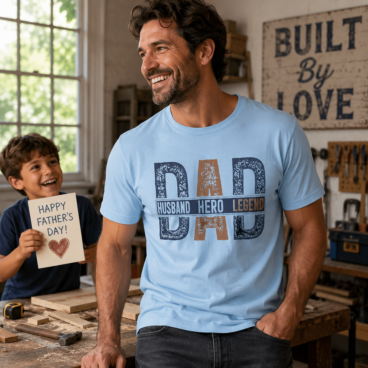Man wearing a 'DAD Husband Hero Legend' t-shirt with a child holding a Father's Day card in a workshop.