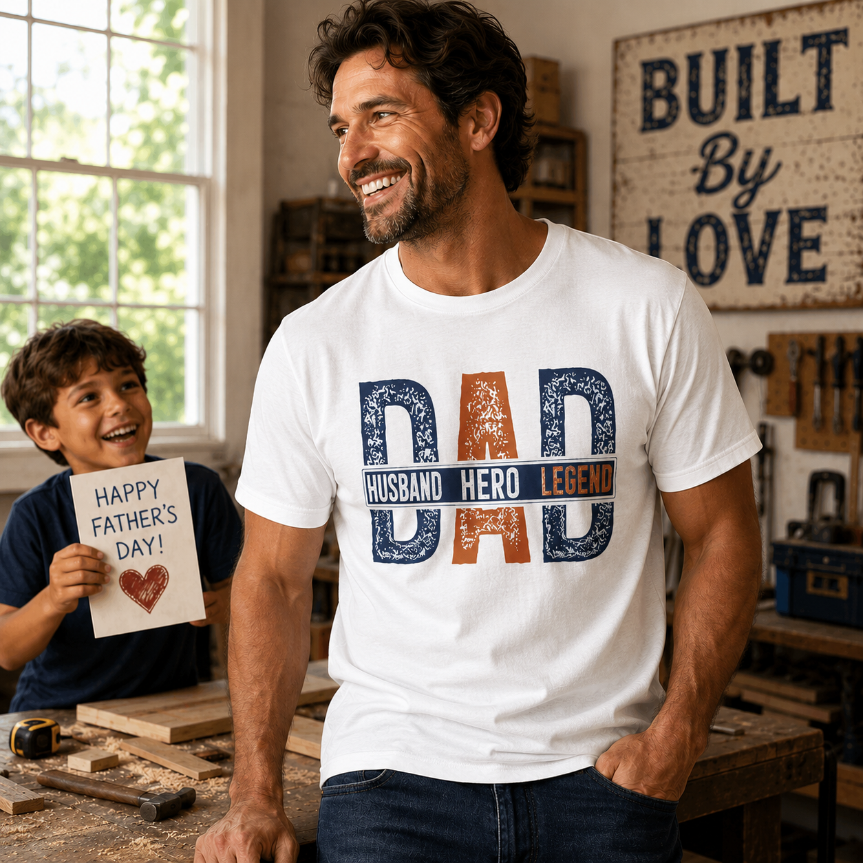Man wearing a 'DAD' t-shirt in a workshop with a child holding a Father's Day card.