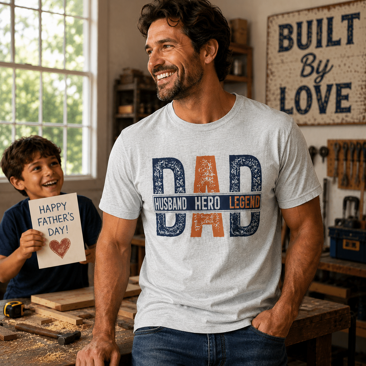 Man wearing a 'DAD Husband Hero Legend' t-shirt in a workshop with a child holding a Father's Day card. The Scoobie Shack