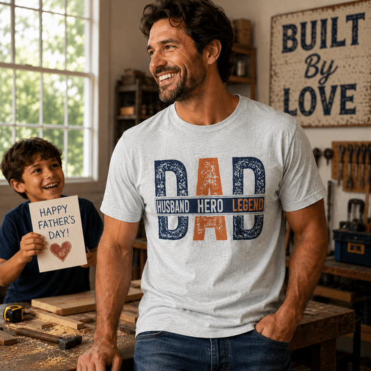 Man wearing a 'DAD Husband Hero Legend' t-shirt in a workshop with a child holding a Father's Day card. The Scoobie Shack