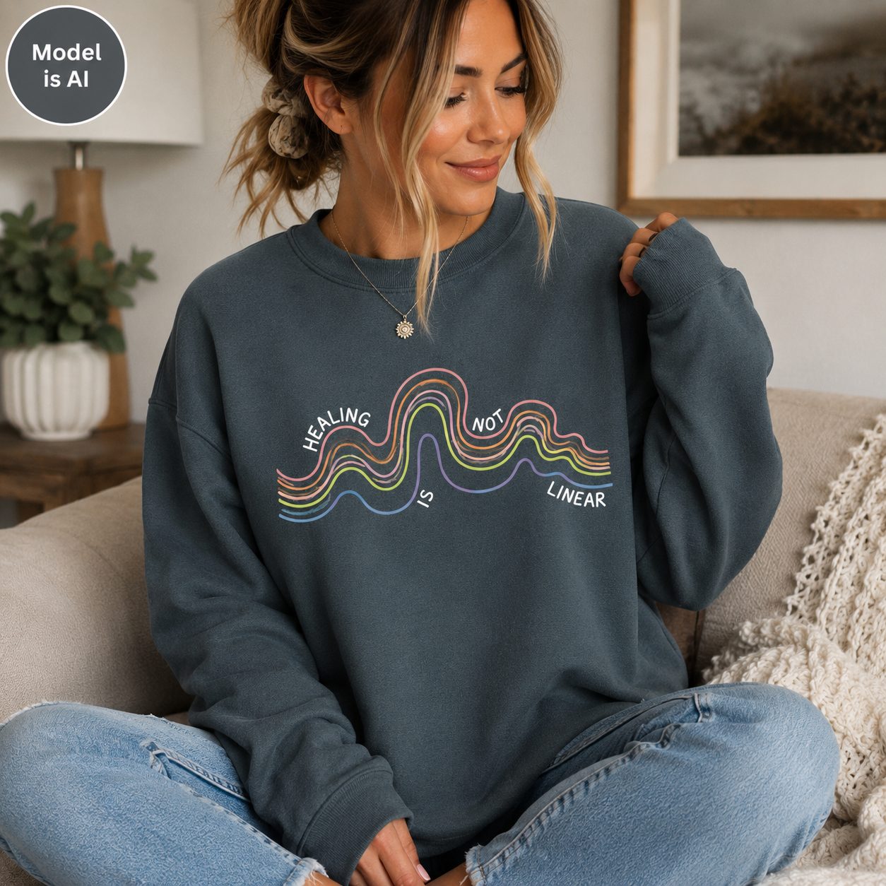 A woman sitting on a couch wearing a dark slate blue crewneck sweatshirt with a colorful wavy graphic and the text 'HEALING IS NOT LINEAR'.