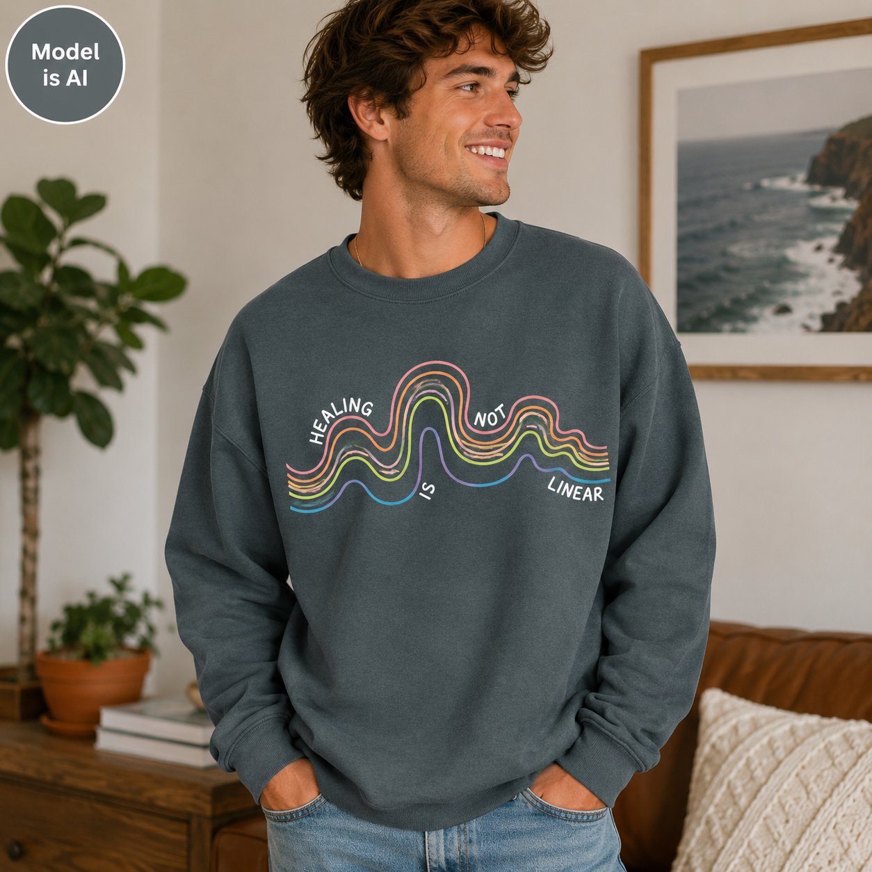 A man wearing a dark gray crewneck sweatshirt with a colorful wavy graphic and the text 'HEALING IS NOT LINEAR' in a cozy indoor setting.