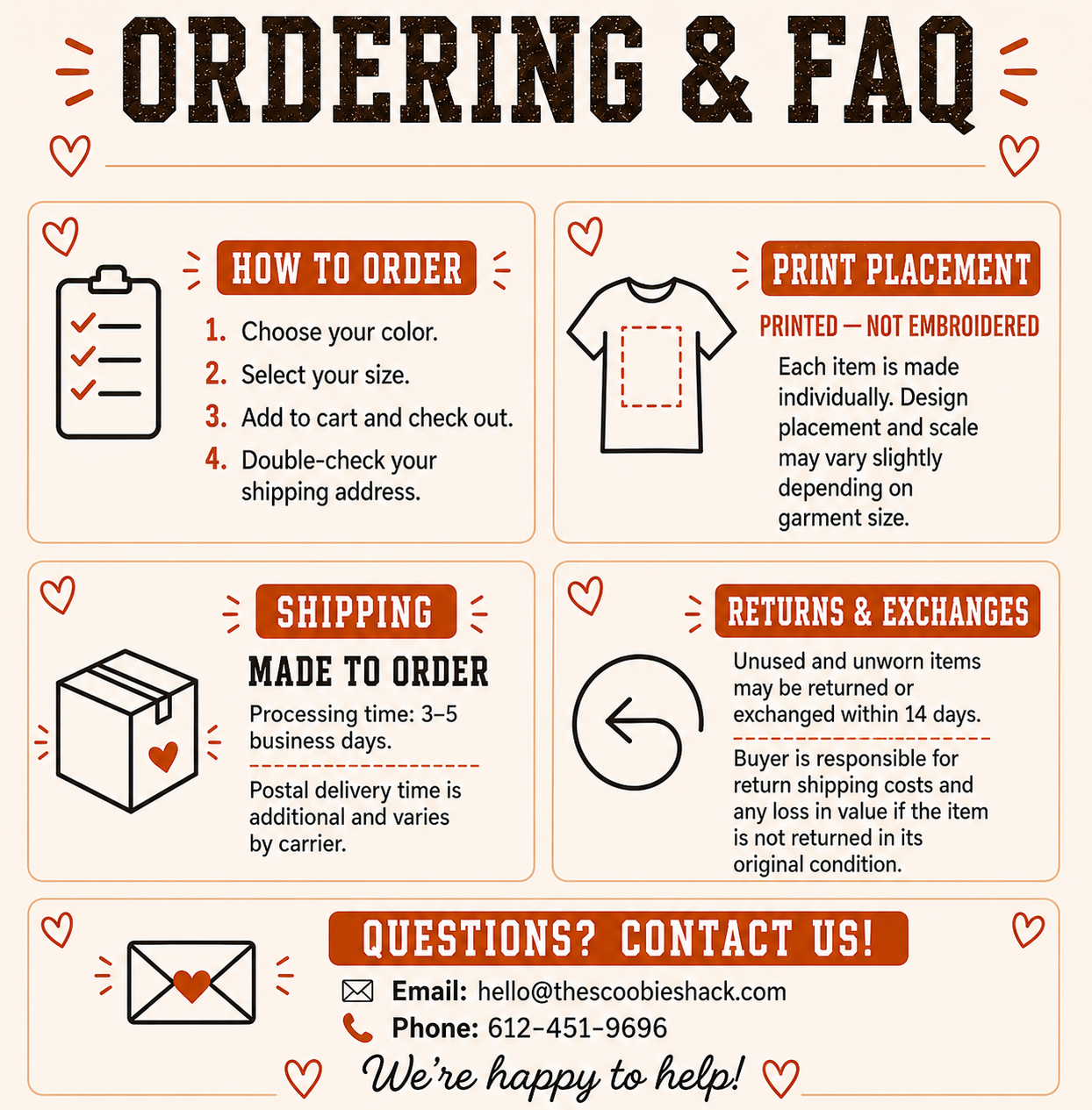 Coffee Weather Sweatshirt ordering and FAQ guide with shipping, print placement, returns, and contact information