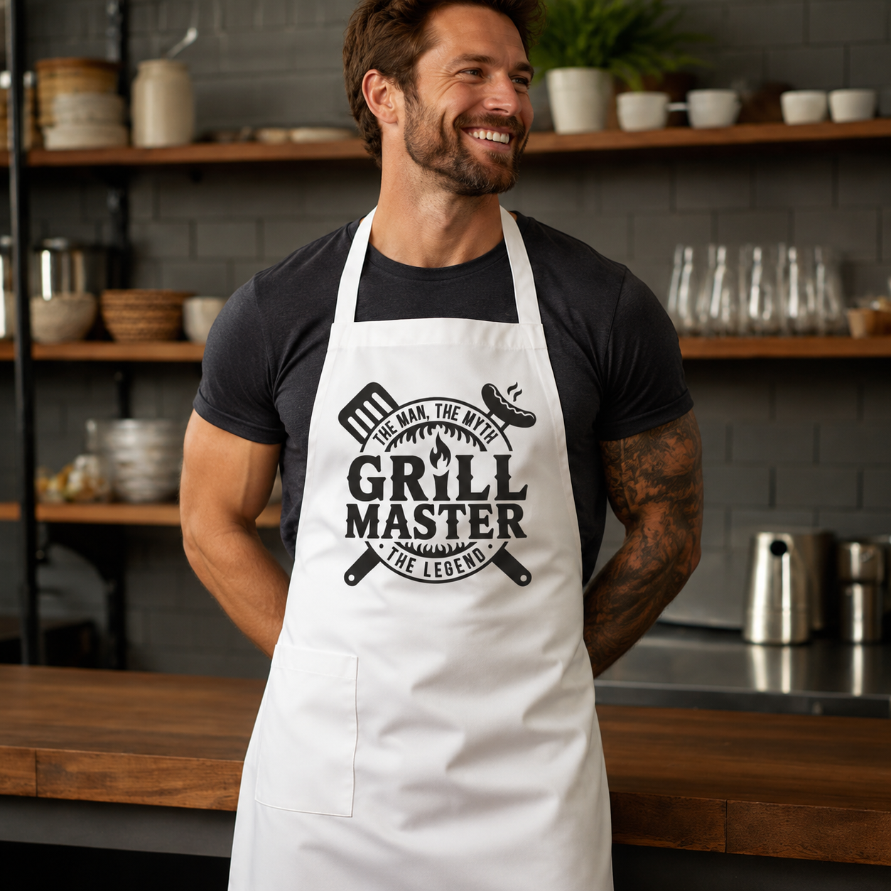 Man wearing a 'Grill Master' apron in a kitchen setting