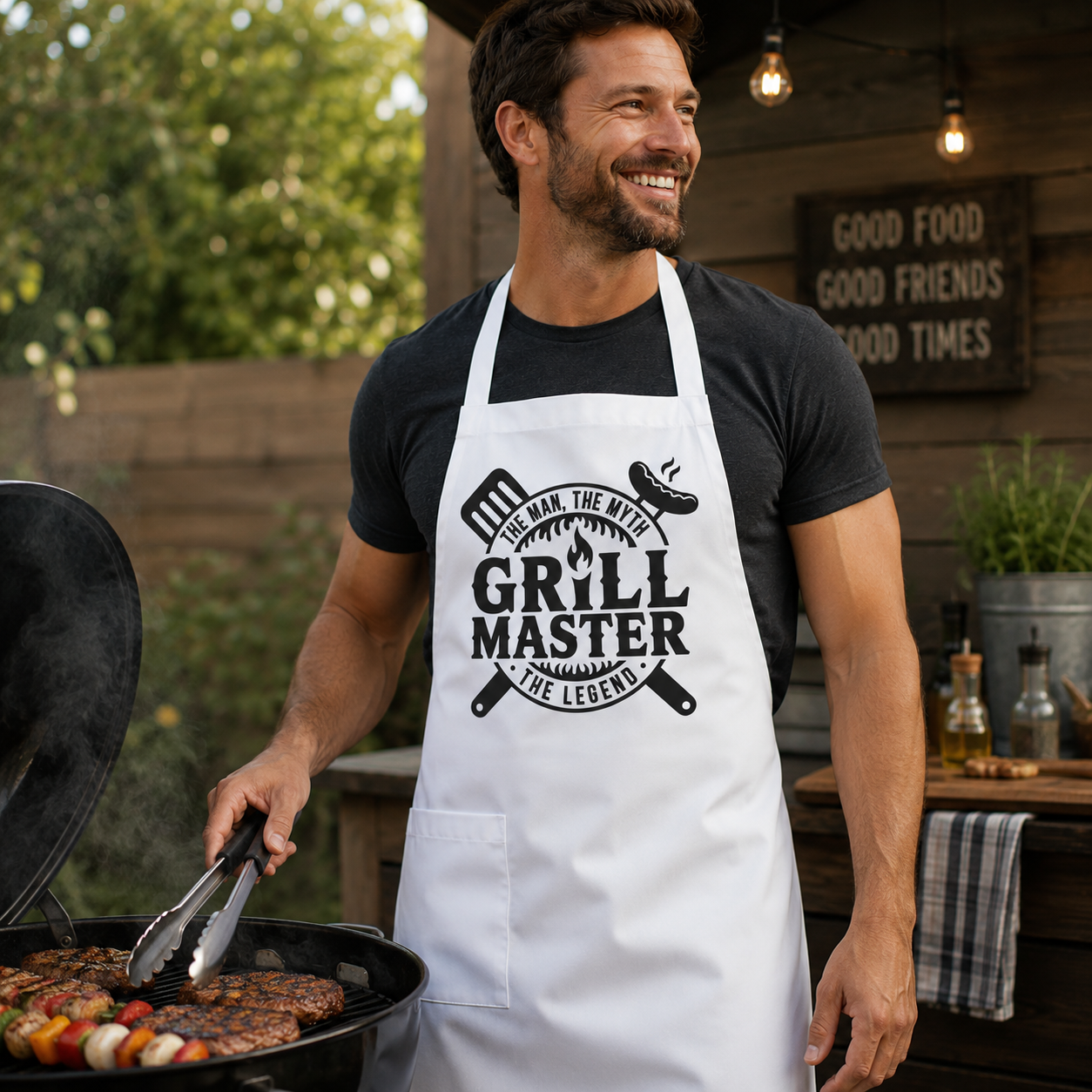 Man wearing a 'Grill Master' apron cooking outdoors.