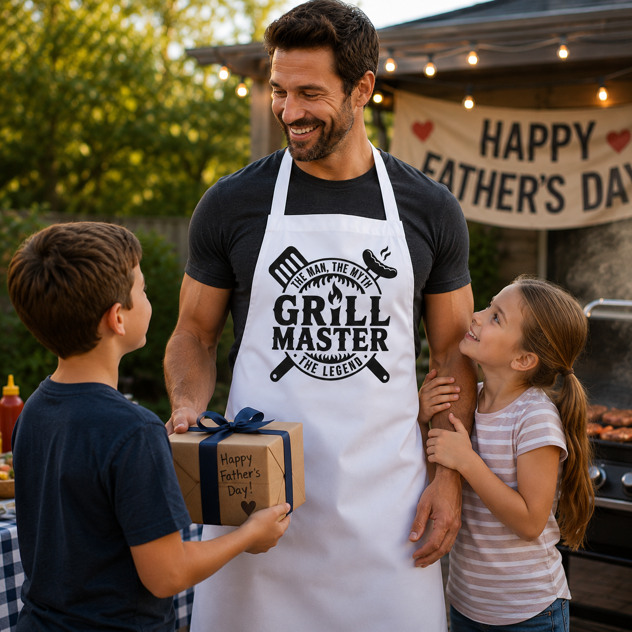 Man wearing a 'Grill Master' apron receiving a Father's Day gift from two children outdoors.