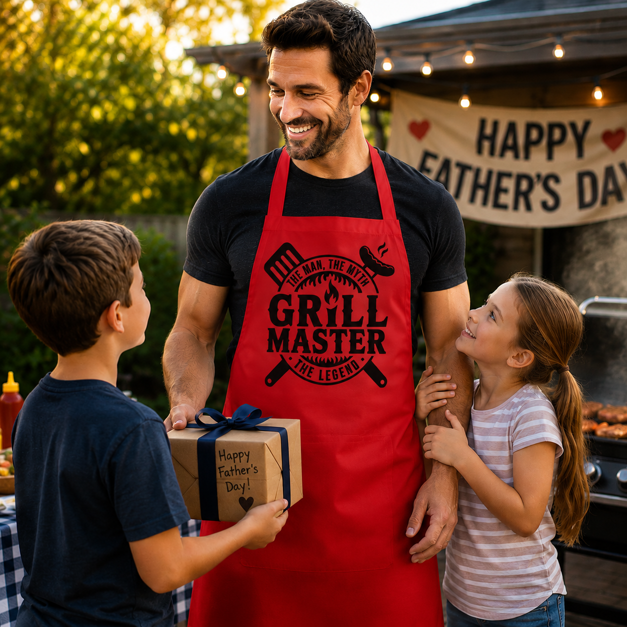 Man wearing a 'Grill Master' apron with two children, one holding a gift, in front of a 'Happy Father's Day' sign.