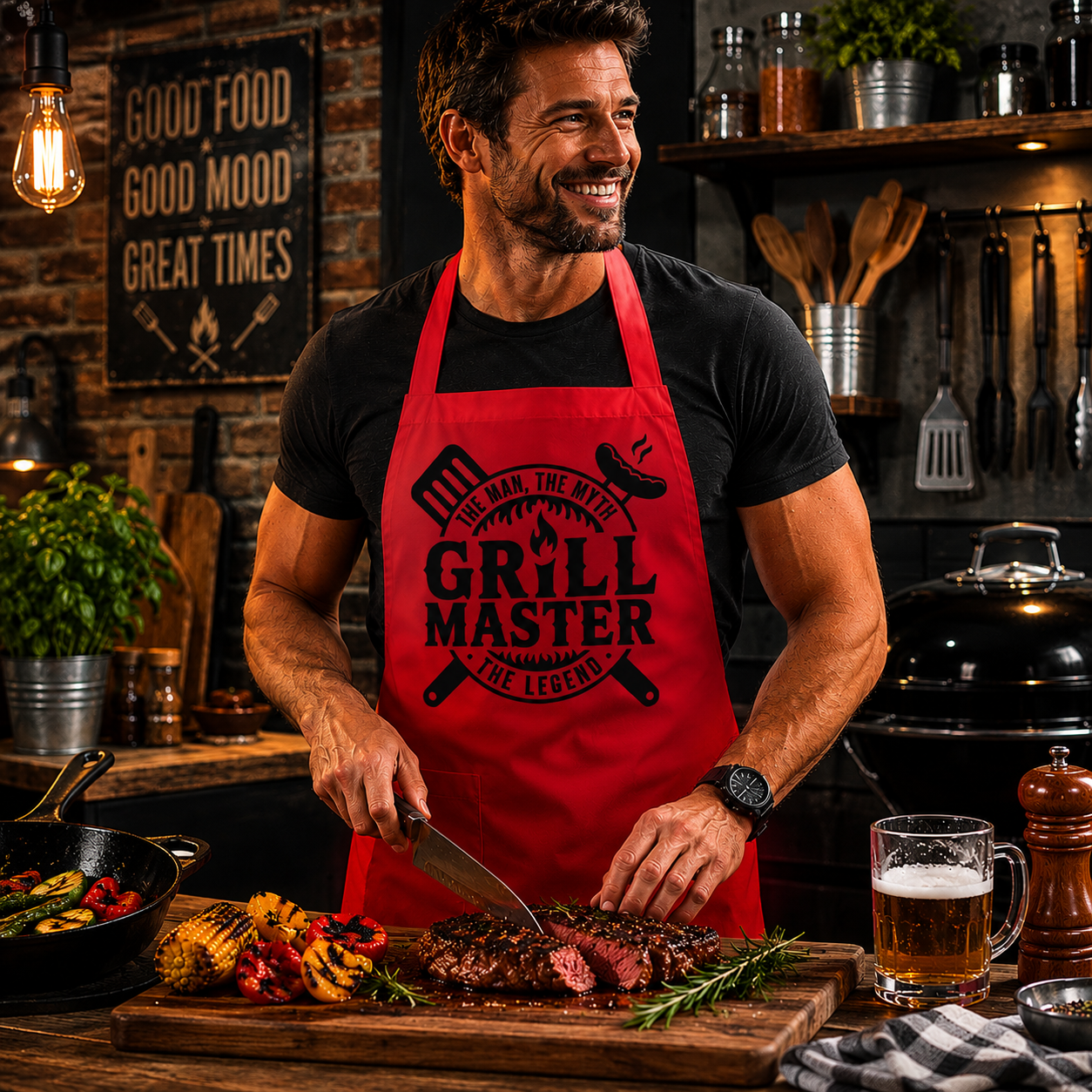 Man in a red 'Grill Master' apron cutting a steak in a kitchen with a beer and vegetables on the table.
