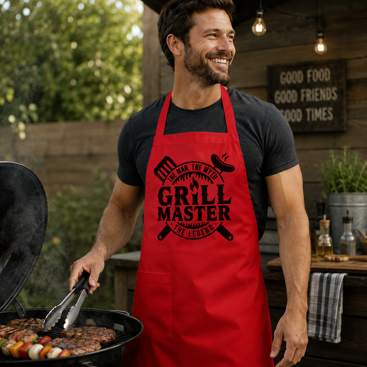 Man wearing a red 'Grill Master' apron while grilling outdoors.