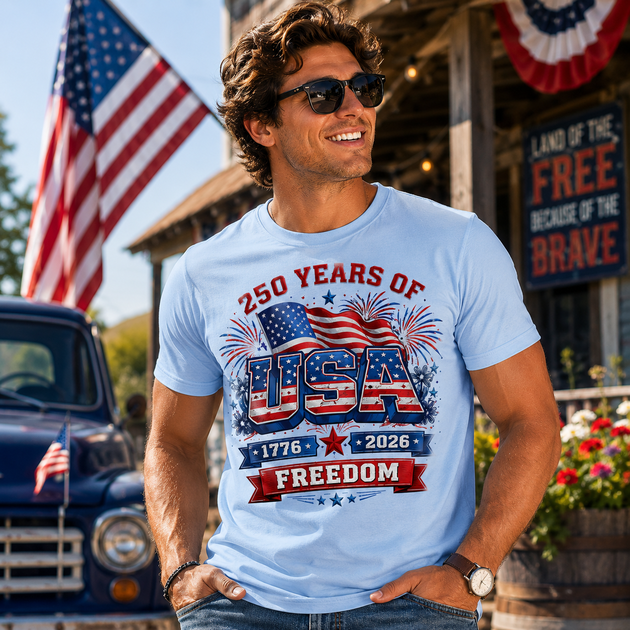 Man wearing a light blue t-shirt with USA-themed design in front of an American flag and building.